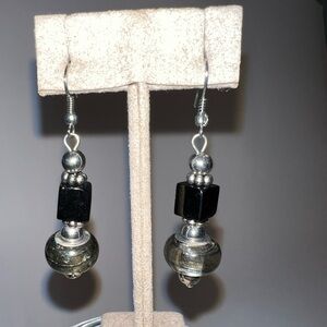 Silver & black dangle earrings. About 2 inches long